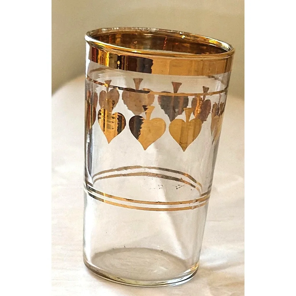 Vintage Barware Glasses Set of 4 3oz Clear Gold Spades MCM Retro EUC